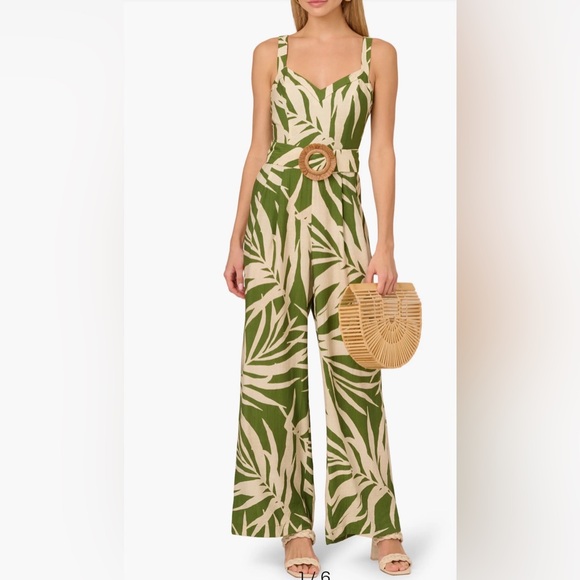 Adrianna Papell Pants - Adrianna Papell Wide Leg Palm Print Jumpsuit with Removable Belt -